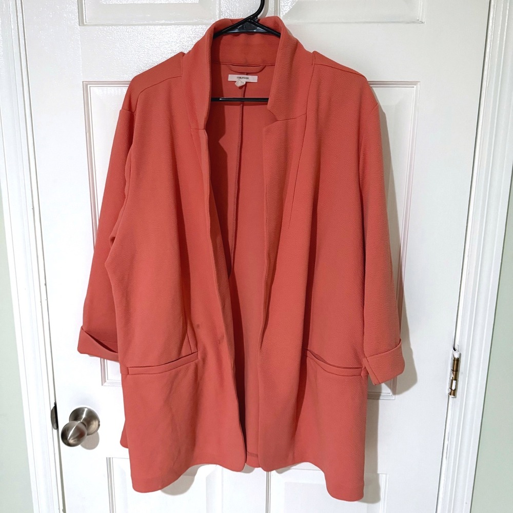 Maurices Women 2X Coral Pink Open Front 3/4 Sleeve Textured Blazer Jacket